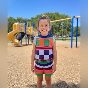 FANCY DREAM Girl’s Colorful Checked & Striped Crocheted Short Set Size Small NWT